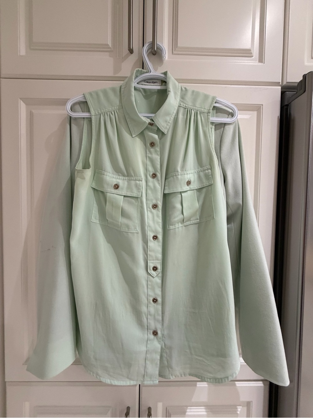 Calvin Klein Mint Green Sleeveless Button-Front Blouse with matching blazer